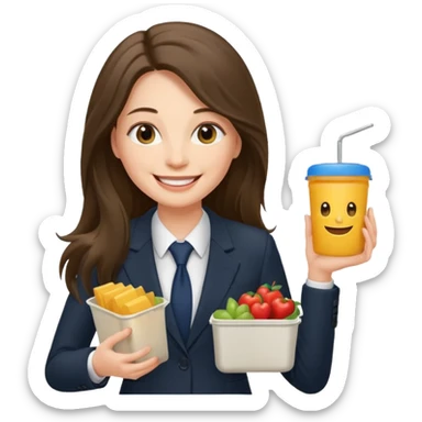 long haired woman with suit holding food container sticker