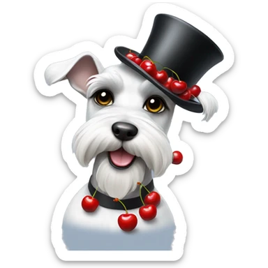White fun mini schnauzer wearing top hat with cherries sticker