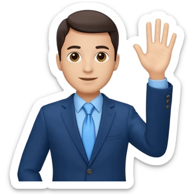 Make emoji of me in a dark blue business suit and light blue shirt waiving to new clients sticker