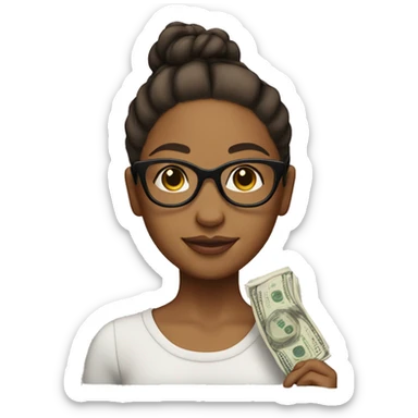 Brown girl holding money with glasses on and her hair in a bun sticker