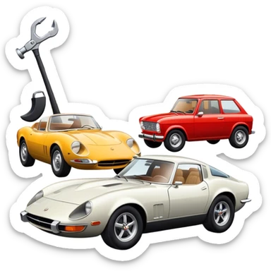 Collage emoji symbolizing a passion for cars: a sleek sports car, a vintage classic car, and an off-road SUV. The background features a cozy garage with tools, car posters, and warm lighting, emphasizing a home hobby atmosphere. Transparent background. sticker