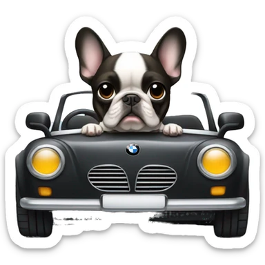 French Bulldog driving a black convertible BMW sticker