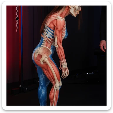 Overlay transparent anatomical muscles and bones directly on the photo of the girl, maintaining her posture and original details. Use a clear and faithful medical illustrative style with a clear overlay effect. sticker