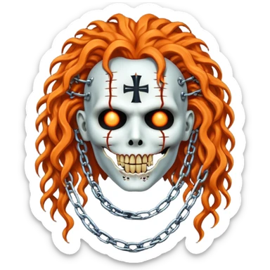 Megadeth - pinhead Hellraiser corpse made of rusty metal with chains on its teeth, huge curly orange hair sticker