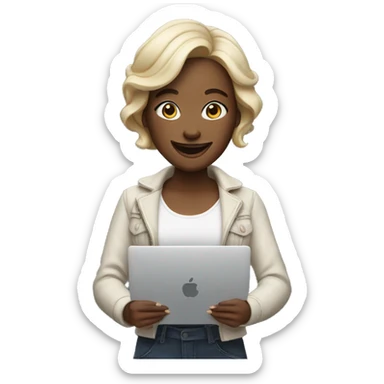 memoji of a cool woman smiling and has a laptop sticker