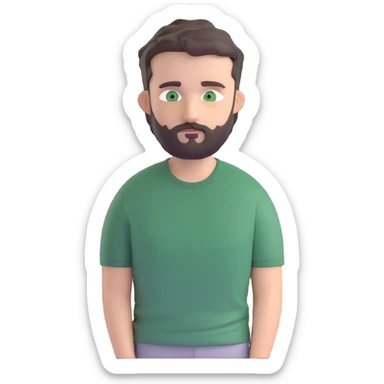 white man with dark messy short hair, dark green eyes, gray t-shirt, and short beard sticker