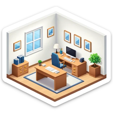 An isometric 3D room with two white walls that meet at the back left and right. Home Office Room sticker
