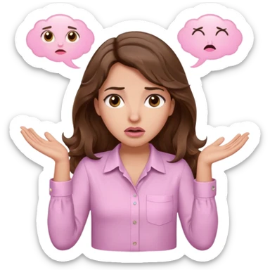 girl with wavy long brown hair, brown eyes, light to medium complexion, long lashes, light pink lipstick, wearing light pink shirt, shrugging with both hands, confused sticker