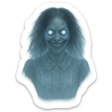 Transform the creepy girl into a ghost, make her semi-transparent, add ethereal glow and ghostly effects, keep the background transparent. sticker
