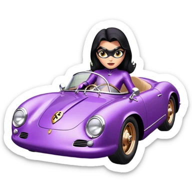 BatGirl driving her satin-black and rose gold 1955 Porsche 550 Spyder too fast in the country despite the rainy conditions making the tires slippery sliding sideways and her black hair flutter (purple shiny latex catsuit)  sticker