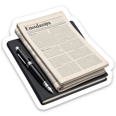 Create an emoji representing journalism and publicistic writing. The design should feature a stack of newspapers, an open notebook with visible text, and a single fountain pen placed near the notebook, symbolizing the act of writing. Use neutral, professional colors like black, white, and muted tones to convey a sense of seriousness and intellect. Do not include any emojis or smiley faces. Make the background transparent. sticker