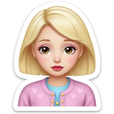 “Emoji girl, dewy skin, flushed blush across cheeks and nose, glossy cherry lips, soft puppy eyeliner, slightly teary sparkling eyes, wearing pastel cardigan.” sticker