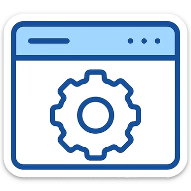 Use the provided blue browser window template as the base. Add a blue gear in the center, a horizontal bar and three small circles in the top right, all in shades of blue. Maintain a flat and modern style with clean lines. Ensure the background is fully transparent. Avoid dark or black backgrounds and minimize use of other colors. Prioritize clarity and visibility. sticker