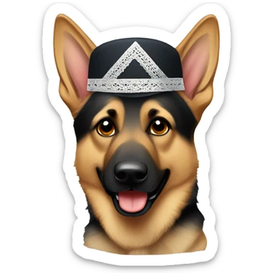 German shepherd wearing a kippah sticker
