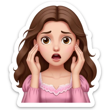 girl with long brown hair dramatically gasping, hand to forehead, vintage pink dress sticker