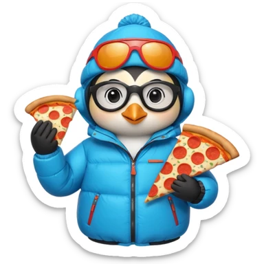 cute penguin, puffy jacket, holding pizza, ski glasses on head sticker