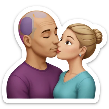 Mid aged Hispanic bald man kissing mid aged dark blonde white woman. She’s wearing a bun. sticker