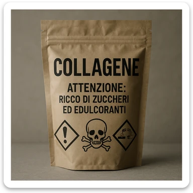 realistic collagen package labeled in Italian with text 'Attenzione: ricco di zuccheri ed edulcoranti', negative atmosphere, danger and poison symbols, skull, neutral background sticker