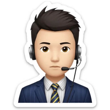 A young Asian man with light skin, short dark hair styled upward with a spiked swoop in front, a clean-shaven face, focused eyes, and a slim headset over one ear, wearing a dark pinstripe suit with a patterned dress shirt and a bright solid-colored tie visible from the chest up. sticker