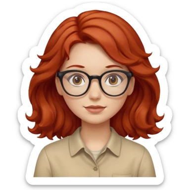 girl wear glasses, wavy red hair, beige shirt\ sticker
