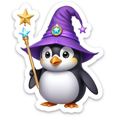 A cute penguin wearing a purple wizard hat and holding a magic wand with a star on the tip sticker