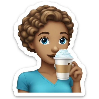 Light skin girl with brown wavy hair and blue eyes drinking ice latte  sticker