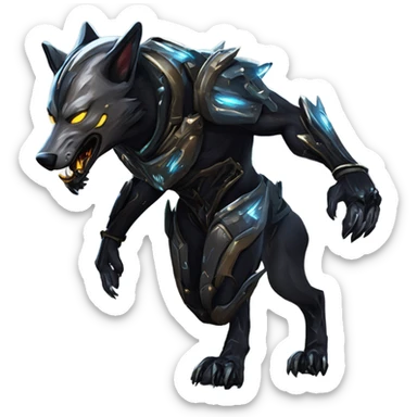 Warframe-inspired wolf Warframe with sleek biomechanical armor, a snarling wolf-like helmet, glowing eyes, and clawed gauntlets. Dark metallic colors with glowing energy lines, blending feral agility and deadly stealth.

 sticker