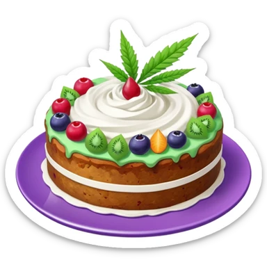 colorful frosted fruit cake with cannabis leaf on a plate sticker