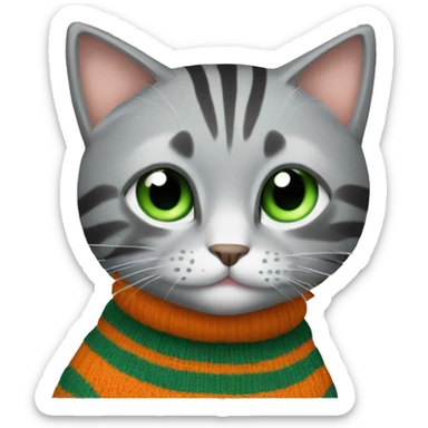 A striped grey cat with green eyes with orange sweater in full growth sticker