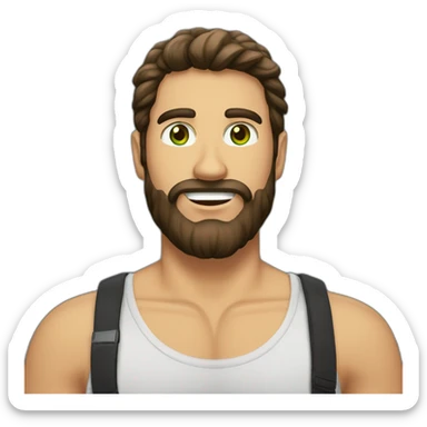 one white guy with dark brown longhair greeneye beard blacktshirt thumbup sticker