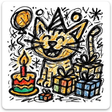 Make the birthday cake more colorful while keeping the chaotic outlined style and all other elements intact sticker