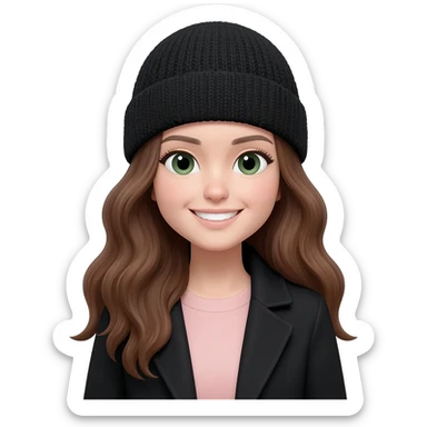 Create an emoji illustration of a smiling young woman with long, wavy brown hair and fair skin. Her face shape is oval and slightly round. She is wearing a black knit beanie and a black coat over a soft light pink top. She has dark green eyes and a natural smile. sticker