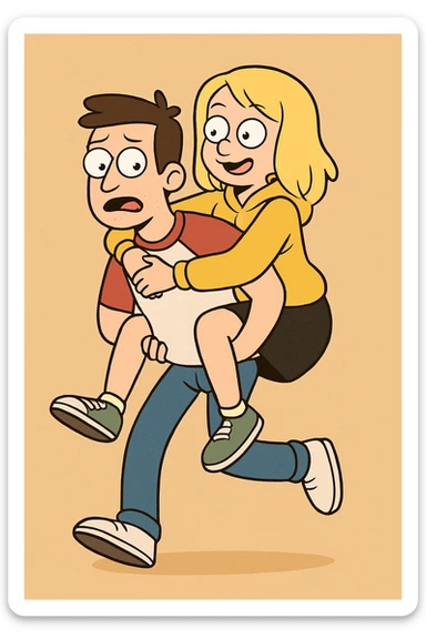 A man Raglan sleeves with Red t-shirts blue jeans white shoes carried by a cute a girl yellow hoodie black skirt green shoe  sticker