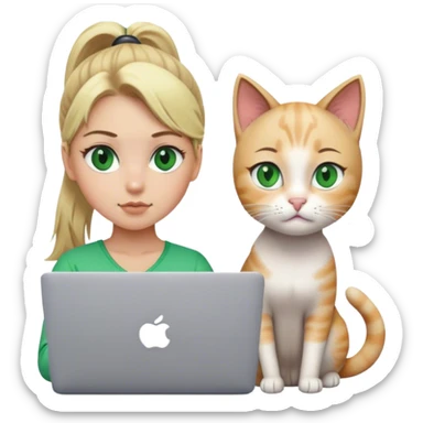 Blonde girl ponytail green eyes with macBook and a cat sticker