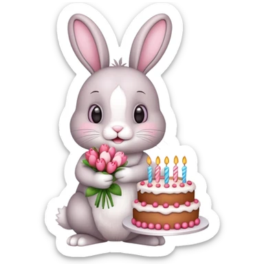 Bunny saying happy birthday with hearts and flowers  sticker