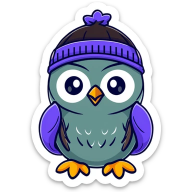 Abstract nice  owl with shiny feathers. With a knitted hat in head  sticker