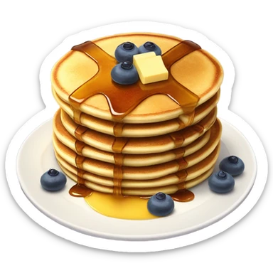 3 fluffy stacked pancakes on a plate with a square of butter on top and maple syrup drizzled sticker