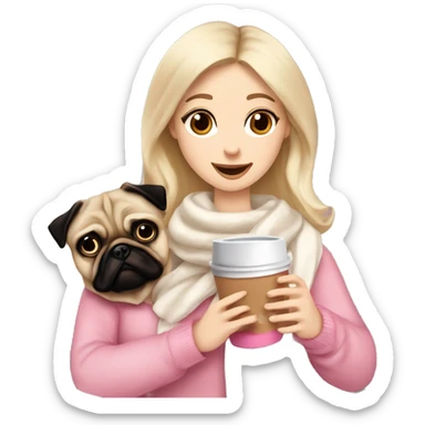Blonde girl with white scarf pink jumper cup of hot chocolate, marshmallows a flake and cream. With a pug brown dog sticker