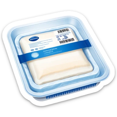 A vacuum-sealed plastic tray containing frozen white fish fillets, covered with thin layers of frost. The packaging has a clear window showing the fish, and a blue label with product details and a barcode. Realistic supermarket freezer setting with cold mist and LED lighting. sticker