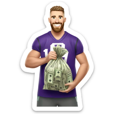 Travis Kelce holding a money bag sticker
