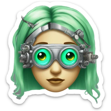Light green long hair female cyborg head with silver steampunk goggles as a headband, circuits sticker