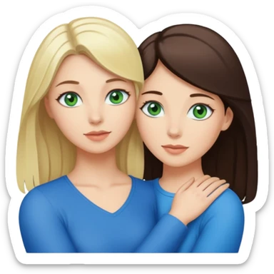 Blondynka z zielonymi oczami przytulająca się do brunetki z niebieskimi oczami sticker