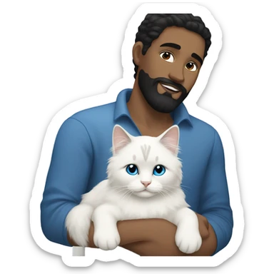 A guy with a black earing and black short hair and black beard and holding a all white Siberian cat with blue eyes  sticker