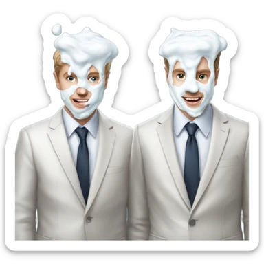 Two men covered in yogurt wearing suits with yogurt on both of their heads, and more yogurt on their suits, but white skin sticker