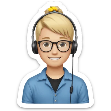 blond hair teen boy pony tail undercut with tattoo on his neck, wearing glasses, strong built, smile warmly with headphone sticker
