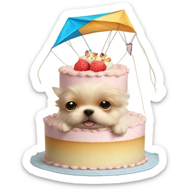 cake with a kite and a small pomchi dog  sticker