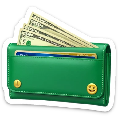 Rich emoji style green leather wallet with dollar bills, luxury money vibe, premium 3D emoji, ultra clean, high detail, no background sticker