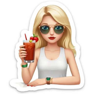 girl with long blond hair
with blue eyes
and aviator sunglasses
wearing white tank top 
holding bloody mary
wearing (rose gold apple watch with forest green band) sticker