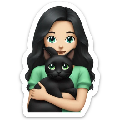 Girl with black hair and blue eyes holding a black cat with green eyes  sticker
