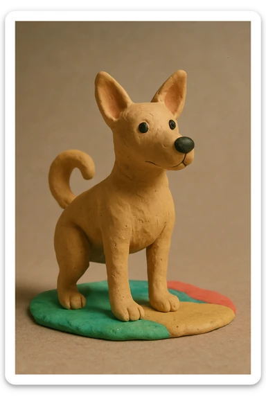 medium-sized sandy colored dog with one back leg missing, tail curled up onto its back, attentive upright ears, claymation style, simple background sticker